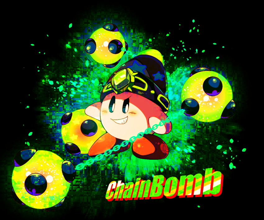 black_background, black_headwear, blue_eyes, blush_stickers, bomb, bomb_kirby, chain, chain_bomb_kirby, colored_skin, commentary_request, copy_ability, english_text, explosive, forehead_jewel, gem, green_gem, grin, kirby, kirby_(series), kirby_and_the_forgotten_land, looking_at_viewer, nintendo, no_humans, open_mouth, petals, pink_skin, shirushiki, smile, solo, teeth, v-shaped_eyebrows