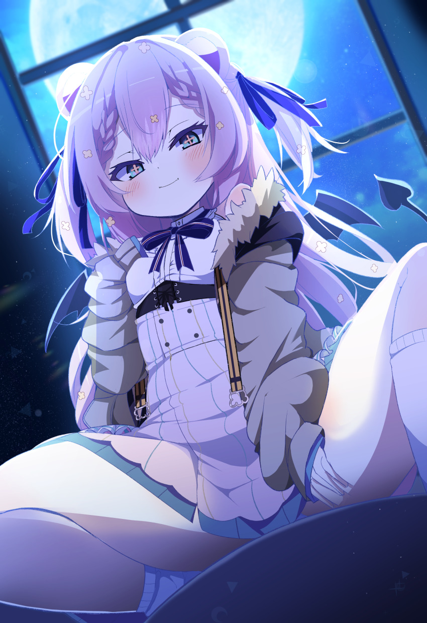 1girl, absurdres, animal_ears, aqua_eyes, asymmetrical_legwear, backlighting, bear_ears, blue_bow