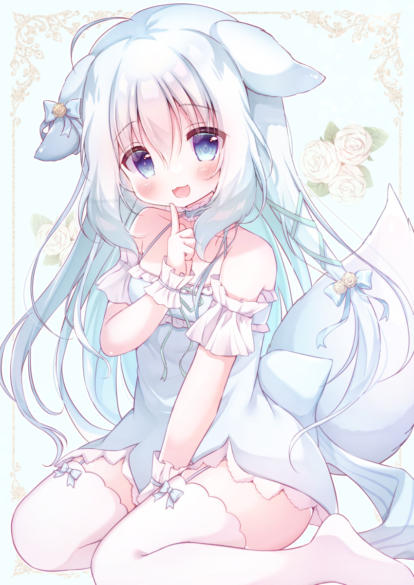 1girl, :3, :d, ahoge, animal_ears, aqua_ribbon, bare_shoulders, between_legs