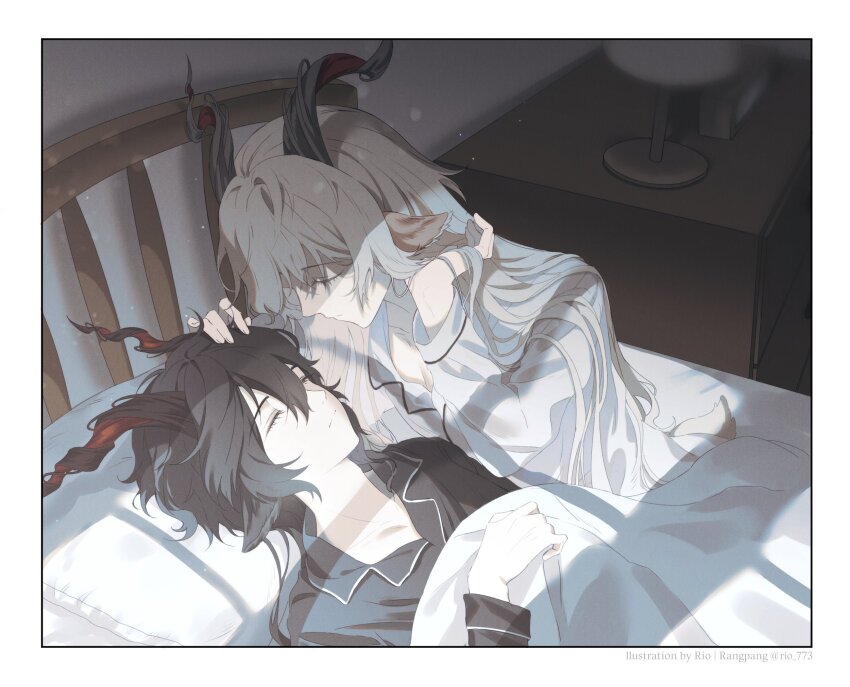 2boys, adjusting_hair, animal_ears, arknights, bed, black_hair, black_shirt, blanket