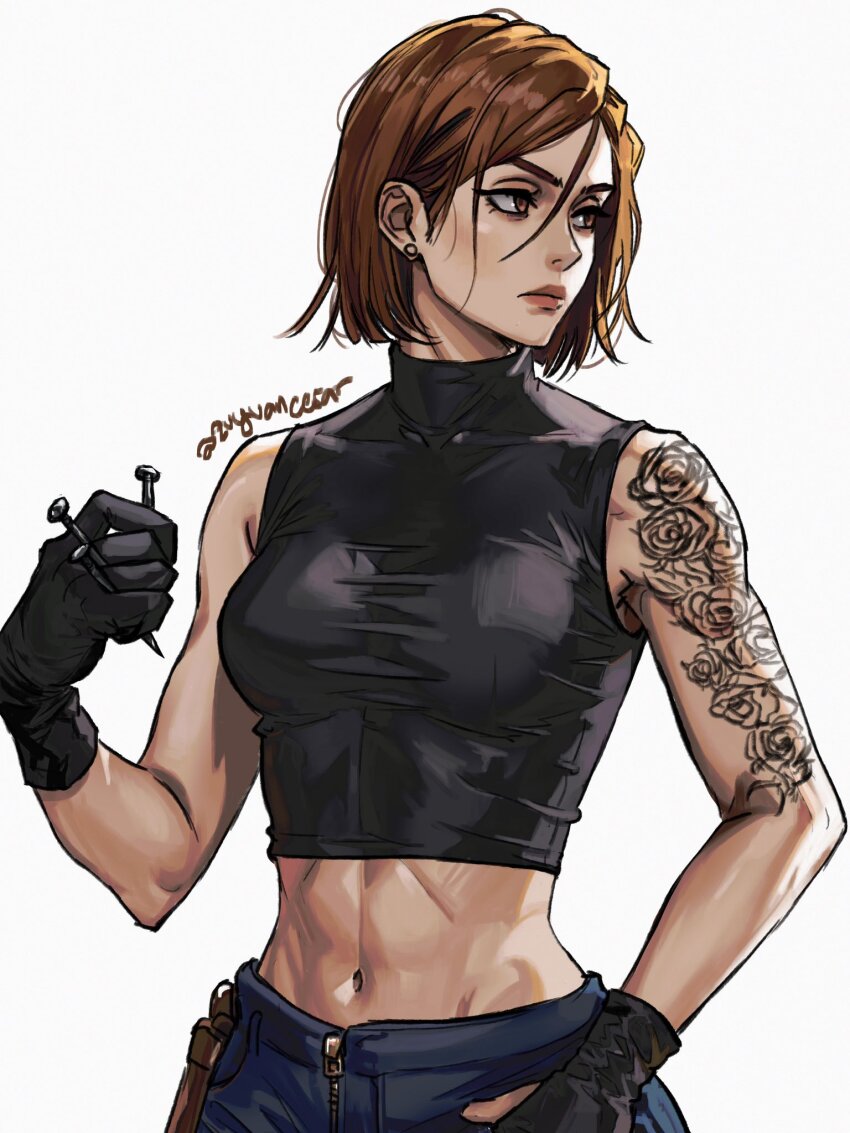 1girl, abs, arm_tattoo, artist_name, black_gloves, black_shirt, blue_pants, brown_eyes
