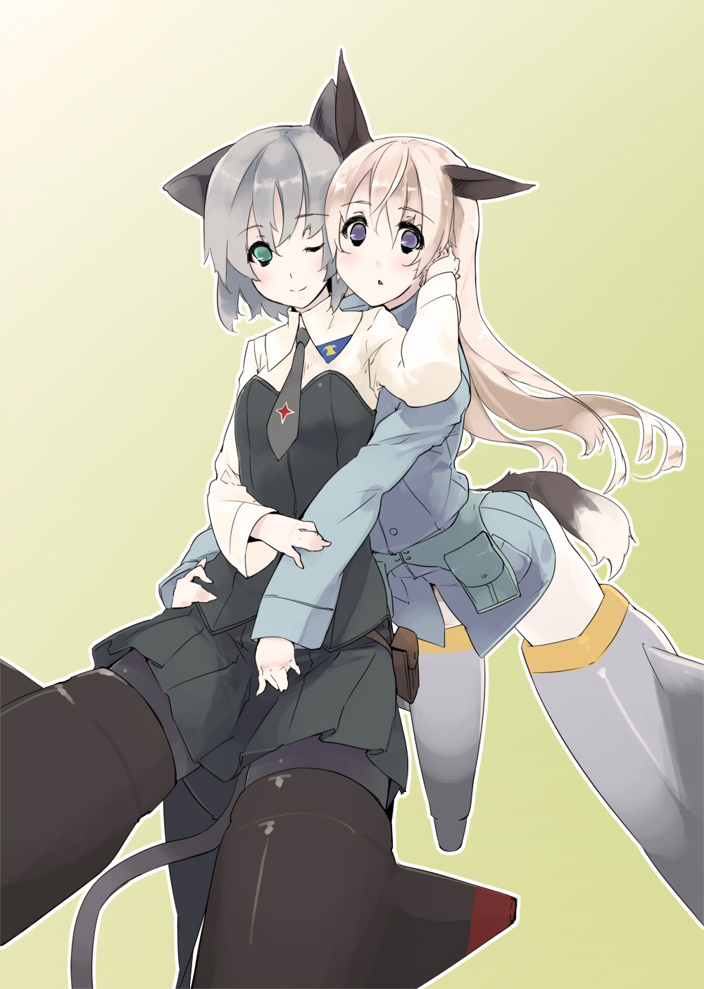 2girls, aeutoaki, animal_ears, blonde_hair, blue_eyes, cat_ears, cat_tail, eila_ilmatar_juutilainen