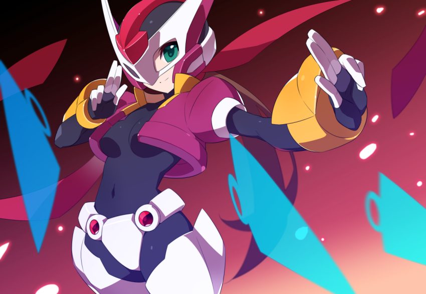 1girl, aile_(mega_man_zx), armor, breasts, brown_hair, cropped_jacket, crotch_plate, energy_blade