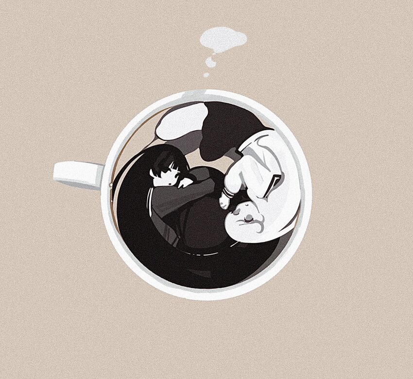 2girls, brown_background, cafe_au_lait, commentary, contrast, cup, drink, fetal_position