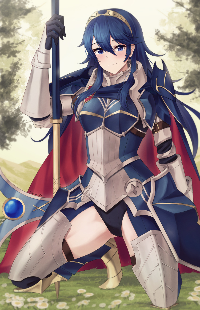 1girl, armor, axe, black_leotard, blue_cape, blue_eyes, blue_hair, breastplate