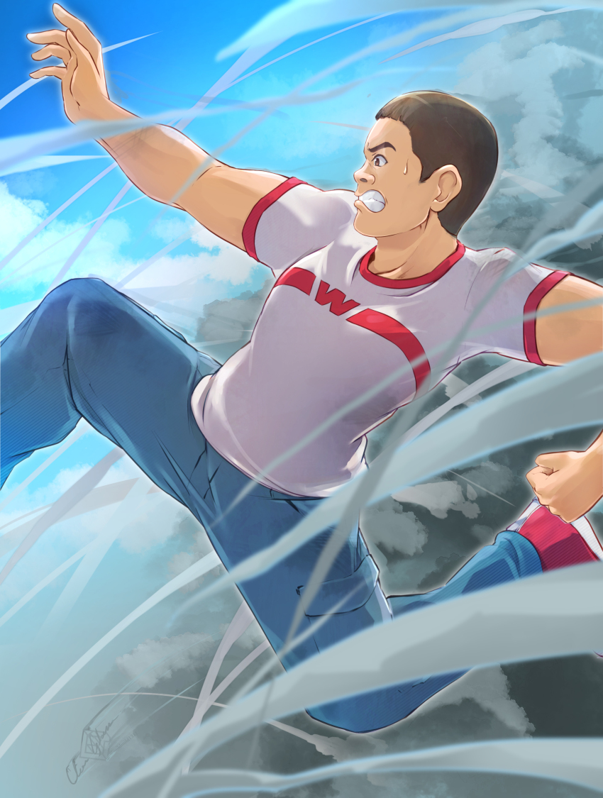1boy, artist_name, blue_pants, brown_eyes, clear_glass_(mildmild1311), cloud, commentary_request, haranishi_(smile_precure!), highres, jumping, looking_to_the_side, male_focus, pants, parody, precure, serious, shirt, shoes, short_hair, signature, smile_precure!, solo, twitter_username, white_shirt