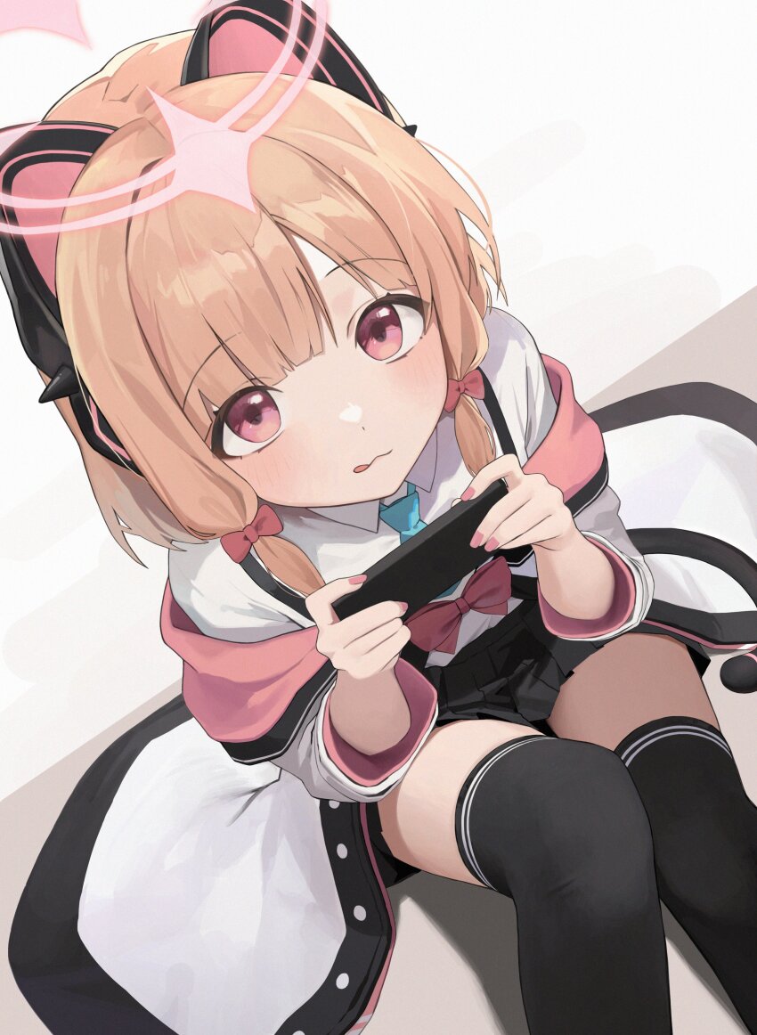 1girl, :q, absurdres, animal_ear_headphones, animal_ears, black_skirt, black_thighhighs, blonde_hair