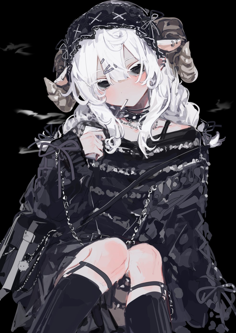 1girl, animal_ears, bag, black_background, black_eyes, black_headdress, black_socks, chain