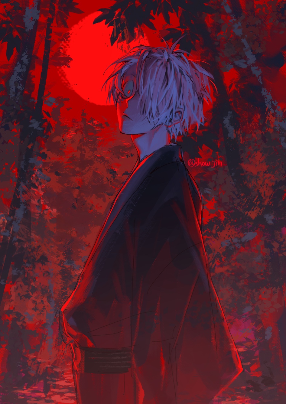 1boy, black_kimono, closed_mouth, forest, from_side, full_moon, gegege_no_kitarou, hair_over_one_eye, highres, japanese_clothes, kimono, kino_houki, kitarou_tanjou:_gegege_no_nazo, long_sleeves, looking_at_viewer, looking_to_the_side, male_focus, medama_oyaji_(human), moon, nature, night, obi, one_eye_covered, outdoors, red_eyes, red_moon, red_sky, red_theme, sash, short_hair, sky, solo, twitter_username, upper_body, white_hair