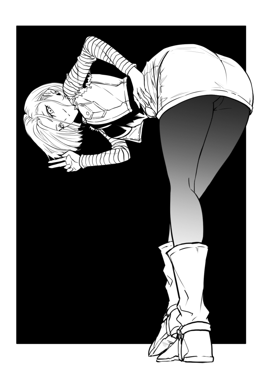 1girl, android_18, ass, black872233196, black_background, boots, breasts, buttons, closed_mouth, commentary, cropped_jacket, dragon_ball, dragonball_z, earrings, full_body, greyscale, hand_on_own_hip, highres, jacket, jewelry, knee_boots, leaning_forward, long_sleeves, looking_at_viewer, looking_back, medium_breasts, miniskirt, monochrome, pantyhose, short_hair, simple_background, skirt, sleeveless, sleeveless_jacket, solo, striped, v