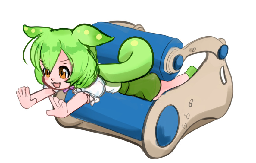 1girl, :d, blush, female_focus, full_body, green_hair, highres, non-web_source, nose, open_mouth, sensory_roller, shirt, short_sleeves, smile, solo, tail, thegeniea1, transparent_background, voicevox, white_shirt, yellow_eyes, zundamon