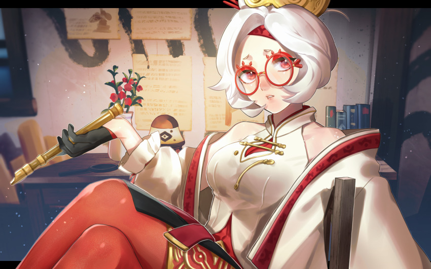 1girl, black_gloves, book, breasts, chair, coat, commentary_request, crossed_legs