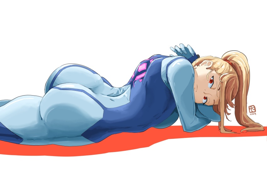 1girl, arched_back, artist_logo, ass, automatic_giraffe, blonde_hair, blue_bodysuit, bodysuit
