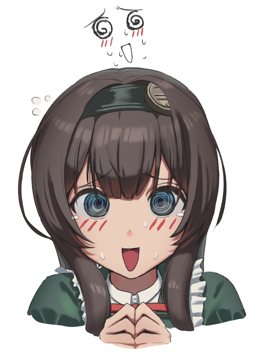 1girl, @_@, absurdres, blue_eyes, blush, brown_hair, goddess_of_victory:_nikke, green_kimono