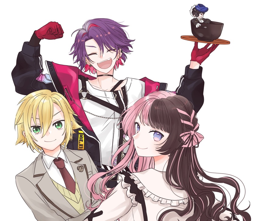 2boys, 2girls, :d, ^_^, arms_up, black_hair, black_jacket, blazer