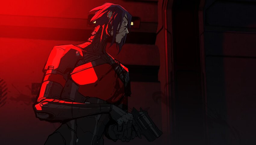 android, banished_shadow, black_hair, blood, blue_eyes, cyberpunk, elster_(signalis), gun