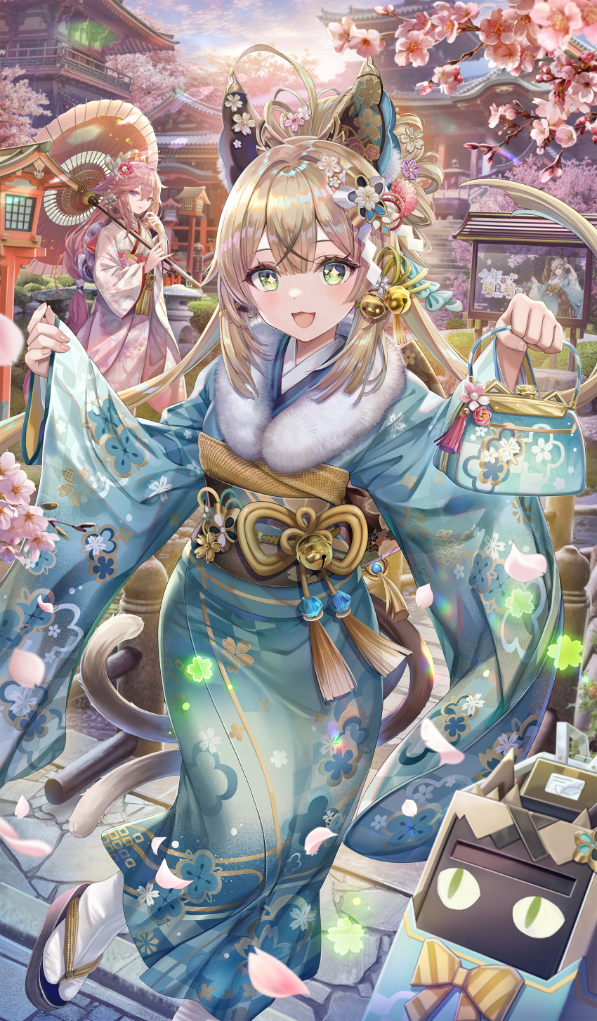 2girls, absurdres, ahoge, animal_ears, architecture, blush, breasts, cat_ears