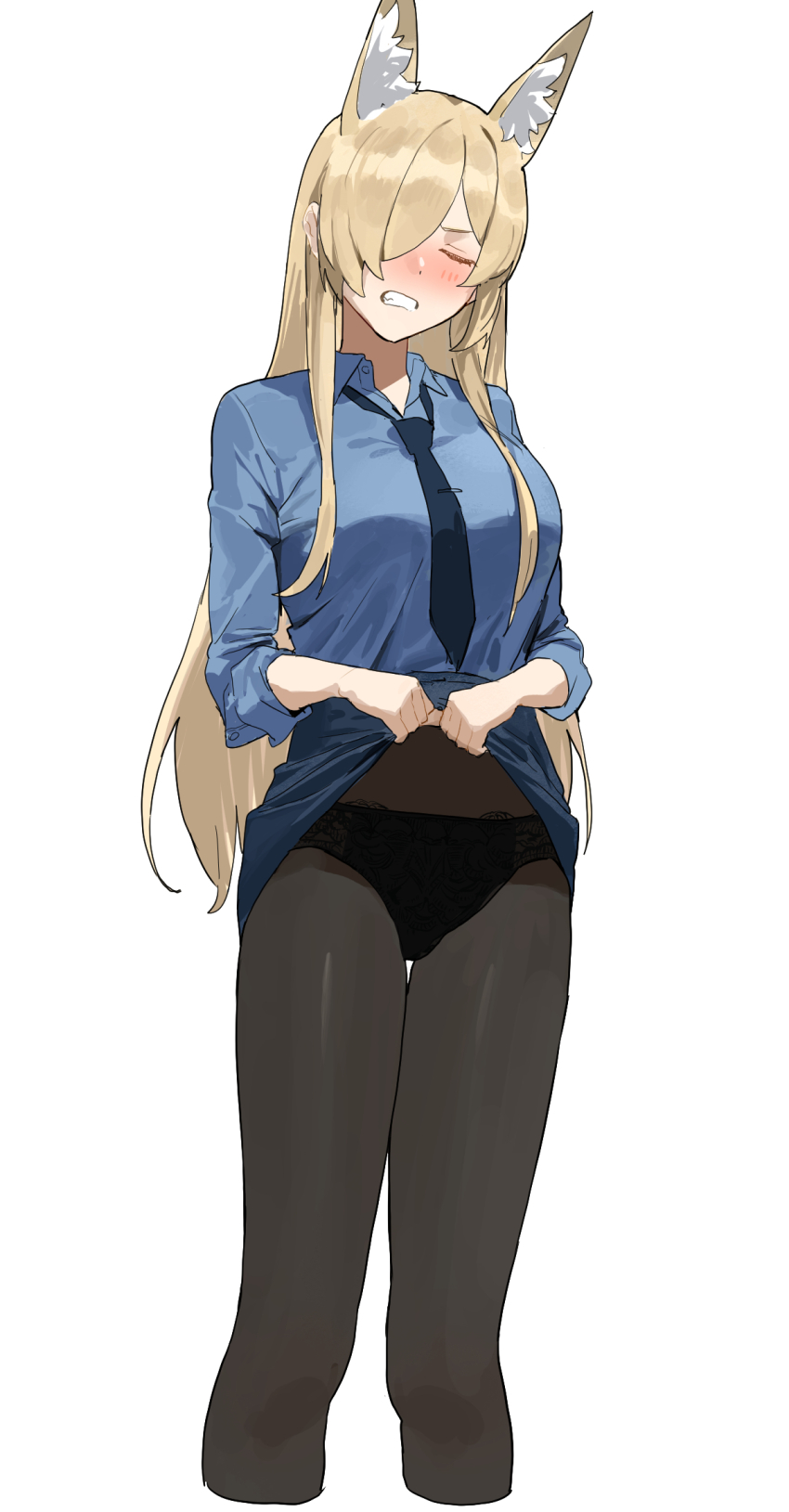 1girl, animal_ears, black_panties, black_pantyhose, blonde_hair, blue_archive, blue_necktie, blue_shirt