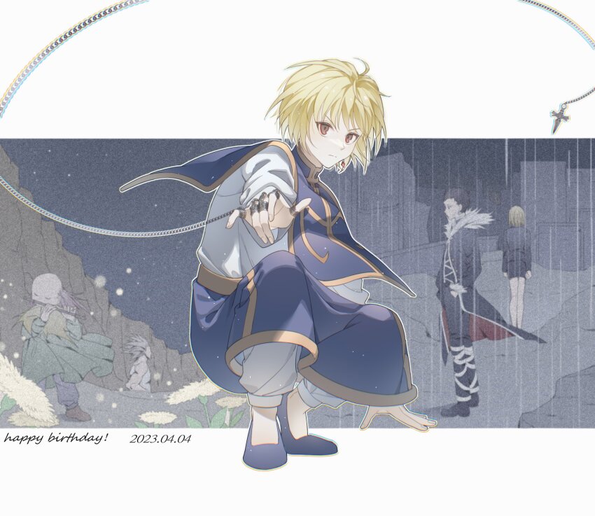 2girls, 3boys, arm_support, bald, bald_female, black_coat, black_hair, black_pants