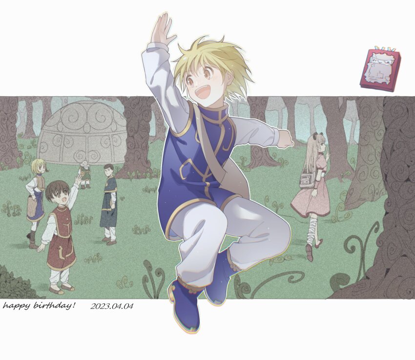 2girls, 3boys, :d, aged_down, arm_up, bandaged_leg, bandages, beard