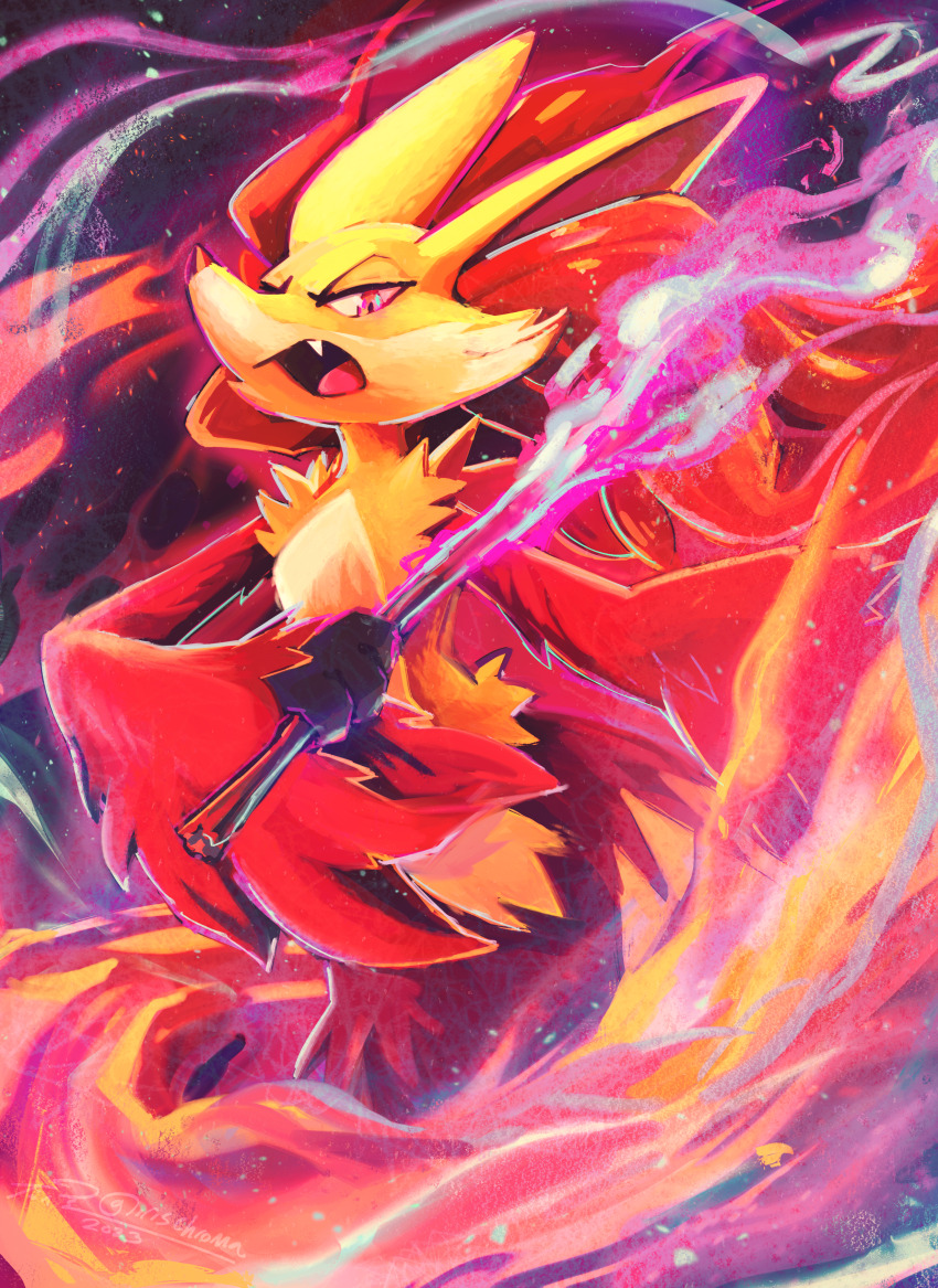 1other, absurdres, animal_ear_fluff, animal_ears, animal_nose, arm_up, artist_name, black_fur, body_fur, dated, delphox, fang, fire, fox_ears, gen_6_pokemon, half-closed_eyes, hand_up, highres, holding, holding_stick, irischroma, looking_at_viewer, multicolored_fur, nintendo, open_mouth, other_focus, pokemon, pokemon_(creature), purple_fire, pyrokinesis, red_eyes, red_fur, signature, snout, solo, standing, stick, tongue, white_fur, yellow_fur
