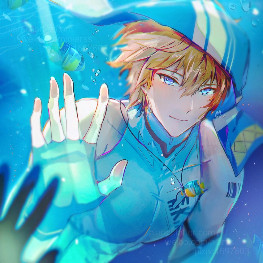 1boy, barcode, barcode_tattoo, blue_eyes, highres, in_water, lee:_entropy_(oceanic_blues)_(pgr), lee:_entropy_(pgr)