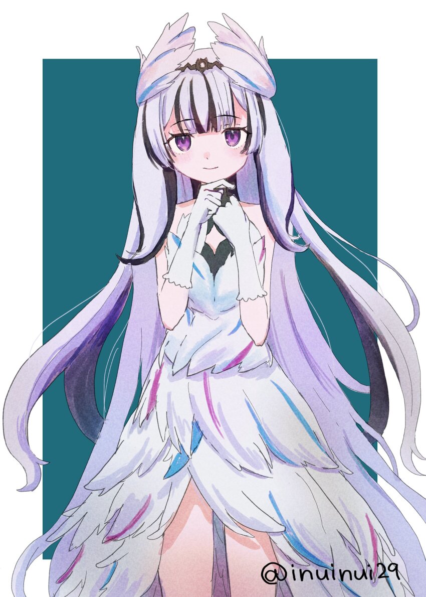 1girl, absurdres, black_choker, blunt_bangs, choker, feather_dress, feather_hair_ornament, feathers, fire_emblem, fire_emblem_engage, hair_ornament, highres, inuinui29, multicolored_hair, nintendo, petite, purple_eyes, solo, split-color_hair, two-tone_hair, veyle_(fire_emblem), wing_hair_ornament