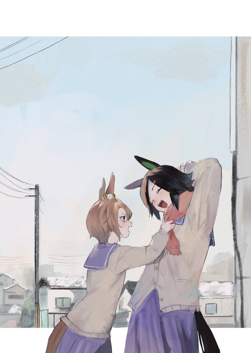 2girls, animal_ears, black_hair, blush, brown_hair, cardigan, from_side, grey_cardigan