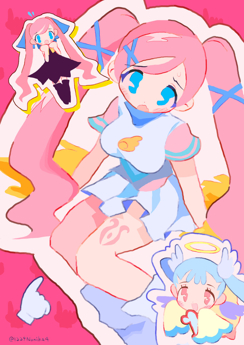 2girls, :o, absurdres, akai_maho, black_dress, blue_eyes, blue_hair, blush