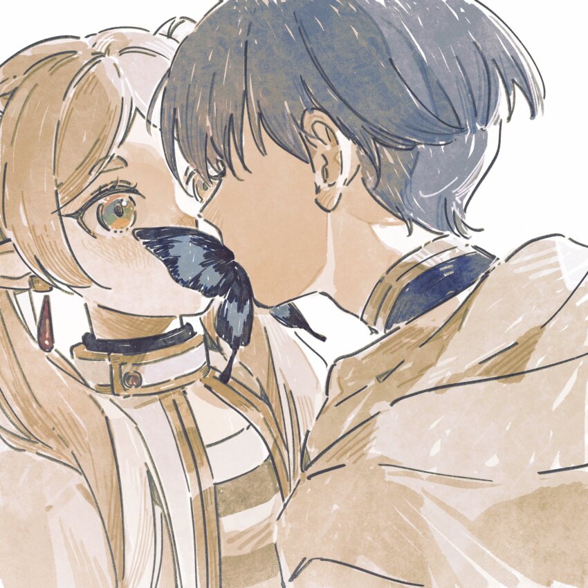 1boy, 1girl, animal, blue_butterfly, blue_hair, blush, bug, butterfly, butterfly_on_face, butterfly_on_mouth, capelet, covered_mouth, earrings, elf, face-to-face, flat_chest, frieren, grey_cloak, grey_hair, hair_over_shoulder, hetero, highres, himmel_(sousou_no_frieren), insect, jewelry, kiss, kissing_animal, long_hair, long_sleeves, looking_at_another, multicolored_eyes, ochano, parted_bangs, pointy_ears, shirt, short_hair, simple_background, sousou_no_frieren, striped_clothes, striped_shirt, twintails, upper_body, white_background, white_capelet, yellow_eyes