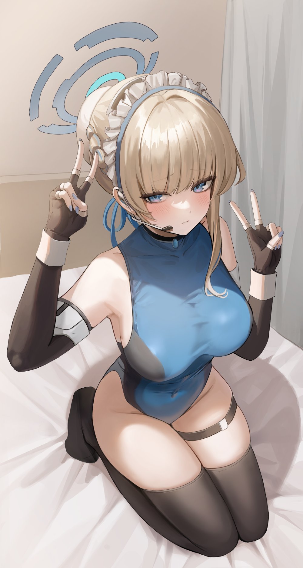 1girl, bed_sheet, black_gloves, black_thighhighs, blonde_hair, blue_archive, blue_eyes, blush