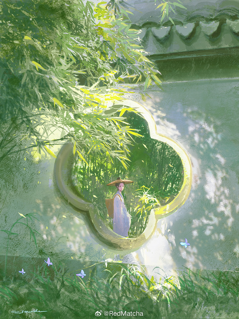 1girl, architecture, bamboo, bamboo_forest, basket, black_eyes, black_hair, blue_butterfly, bug, butterfly, chinese_clothes, chinese_commentary, commentary_request, cowboy_shot, day, east_asian_architecture, forest, grass, hair_bun, hanfu, hat, insect, long_sleeves, nature, original, outdoors, pink_robe, pink_sleeves, redmatcha, rice_hat, robe, short_hair, signature, single_hair_bun, sleeves_past_wrists, solo, sunlight, tree, watermark, weibo_watermark, wide_shot, wide_sleeves, window