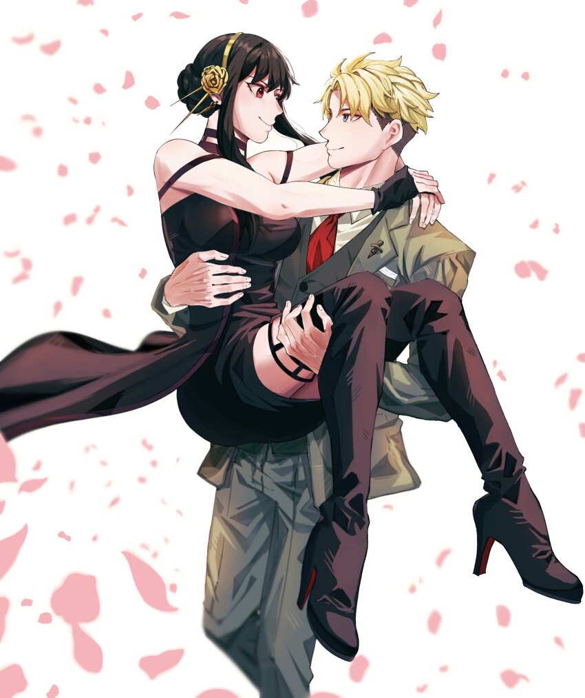 1boy, 1girl, arms_around_neck, bare_shoulders, black_dress, black_hair, blush, breasts, carrying, carrying_person, couple, dress, earrings, formal_clothes, gold_earrings, gold_hairband, green_eyes, green_suit, hair_ornament, hairband, highres, holding, humpback_1219, husband_and_wife, jewelry, large_breasts, long_hair, long_sleeves, looking_at_another, princess_carry, red_eyes, short_hair, sidelocks, smile, spy_x_family, suit, twilight_(spy_x_family), two-sided_dress, two-sided_fabric, yor_briar