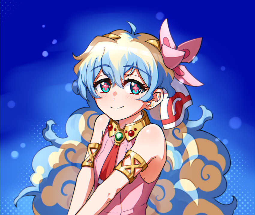 +_+, 1girl, absurdres, armlet, bare_shoulders, blonde_hair, blue_background, blue_eyes