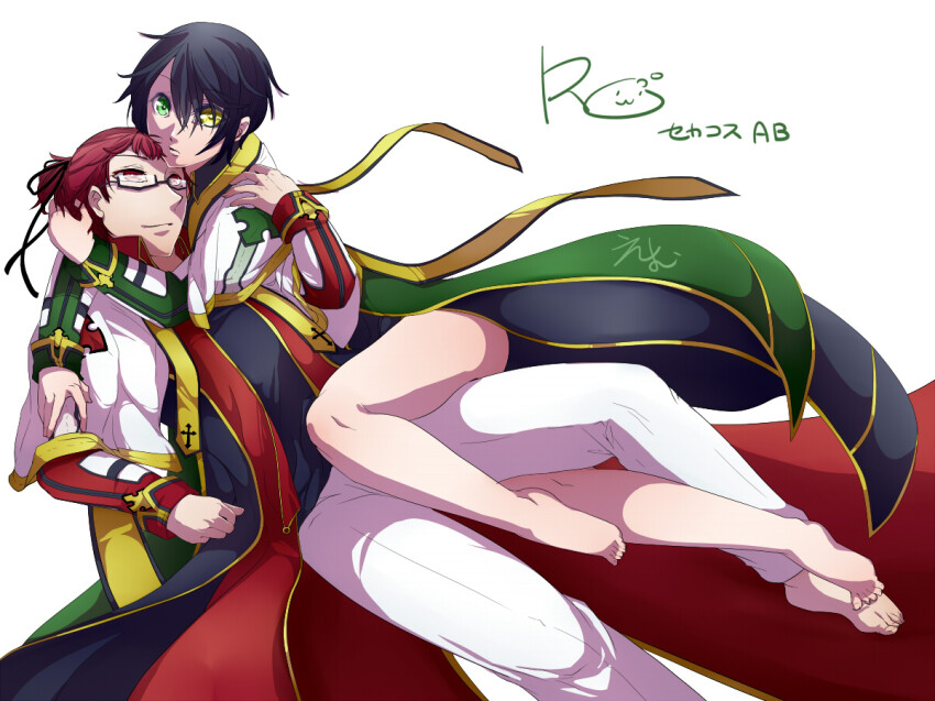 2boys, arch_bishop_(ragnarok_online), barefoot, black-framed_eyewear, black_hair, black_ribbon, black_shirt, capelet