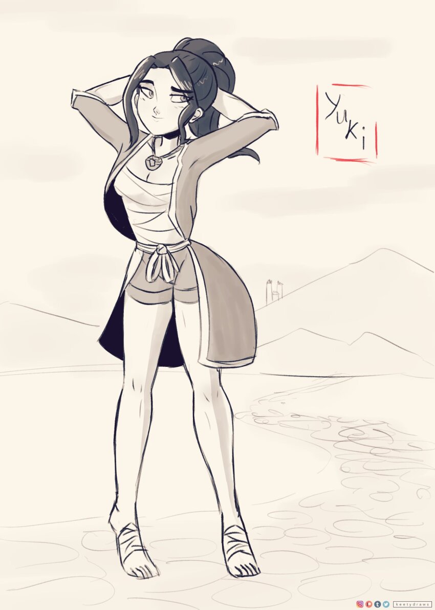 1girl, amulet, arms_behind_head, breasts, character_name, cleavage, daikaiju_yuki, daikaiju_yuki_(series), highres, hotpants, japanese_clothes, jewelry, keetydraws, kimono, long_hair, medium_breasts, necklace, pinup_(style), sarashi, short_shorts, shorts, solo, yukata, yuki_tsubaki_(daikaiju_yuki)