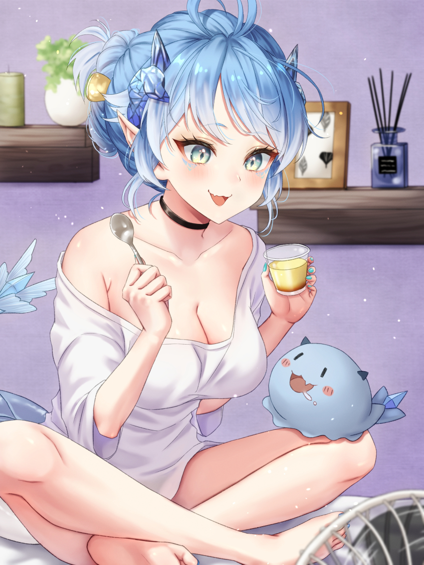 1girl, absurdres, ahoge, aqua_eyes, aqua_nails, blue_hair, blue_horns, breasts