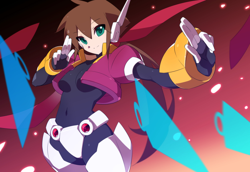 1girl, aile_(mega_man_zx), armor, breasts, brown_hair, cropped_jacket, crotch_plate, energy_blade
