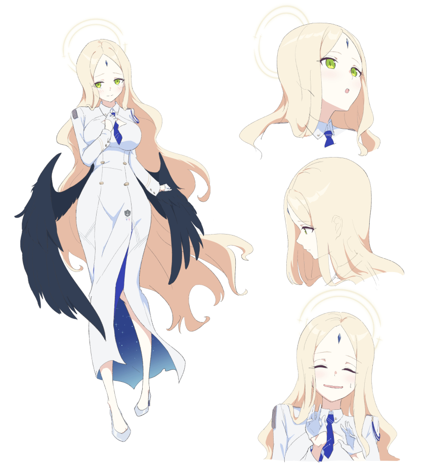 1girl, absurdres, ayumu_(blue_archive), black_wings, blonde_hair, blue_archive, blue_necktie, blush