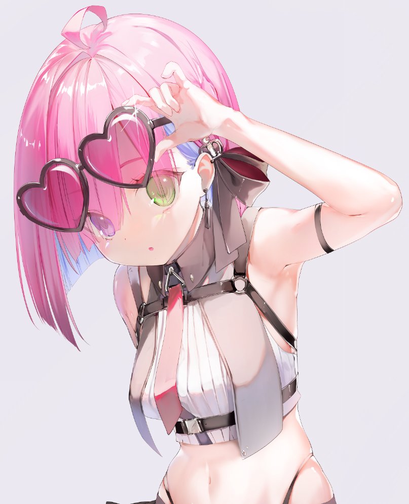 1girl, adjusting_eyewear, arm_strap, armpits, black-framed_eyewear, blue_hair, breast_strap, colored_inner_hair