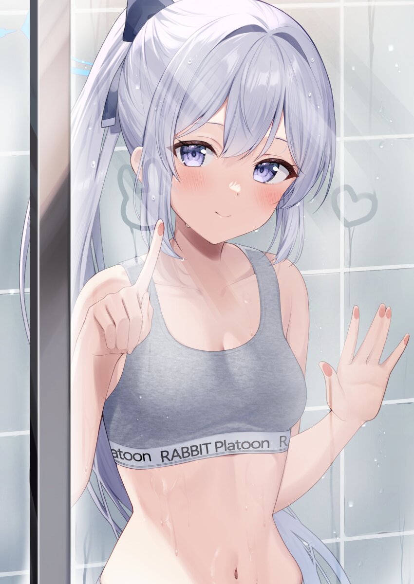 1girl, against_glass, alternate_costume, alternate_hairstyle, bare_arms, bare_shoulders, bathroom, blue_archive