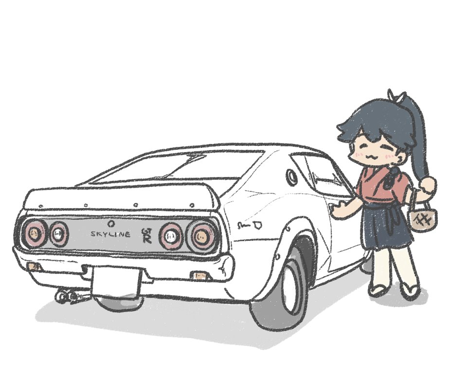 1girl, :3, basket, black_hakama, car, closed_eyes, commentary_request, ferret-san