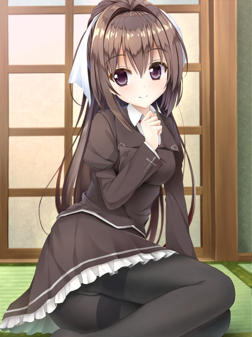 1girl, architecture, arm_support, black_pantyhose, blush, brown_jacket, brown_skirt, cameltoe, clenched_hand, closed_mouth, collared_shirt, commentary_request, east_asian_architecture, feet_out_of_frame, frilled_skirt, frills, grey_eyes, hair_between_eyes, hair_intakes, hair_ribbon, hand_up, highres, indoors, jacket, juliet_sleeves, kawachino_suzuna, long_hair, long_sleeves, looking_at_viewer, pantyhose, puffy_sleeves, ribbon, sakura_no_toki, sakura_no_uta, school_uniform, shirt, sidelocks, sitting, skirt, smile, solo, split_mouth, straight_hair, tatami, thighband_pantyhose, very_long_hair, white_ribbon, white_shirt, xiexianglg, yokozuwari