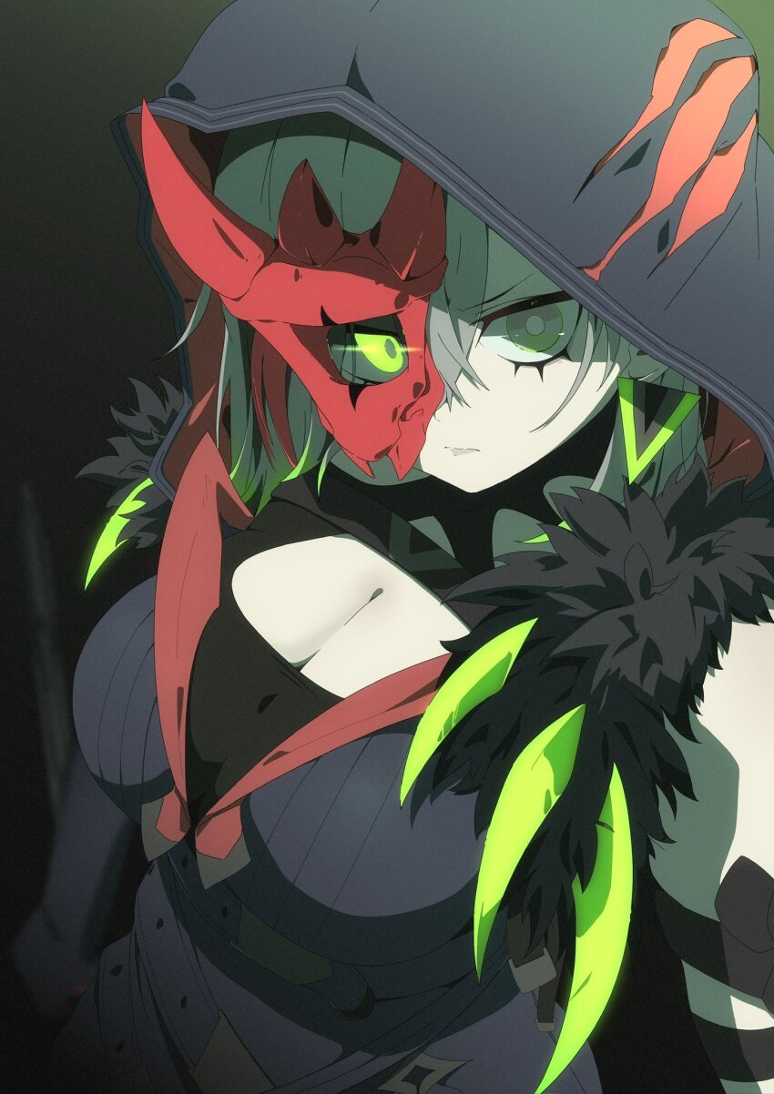 1girl, breasts, cleavage, colored_tips, diabellstar_the_black_witch, duel_monster, gloves, green_eyes
