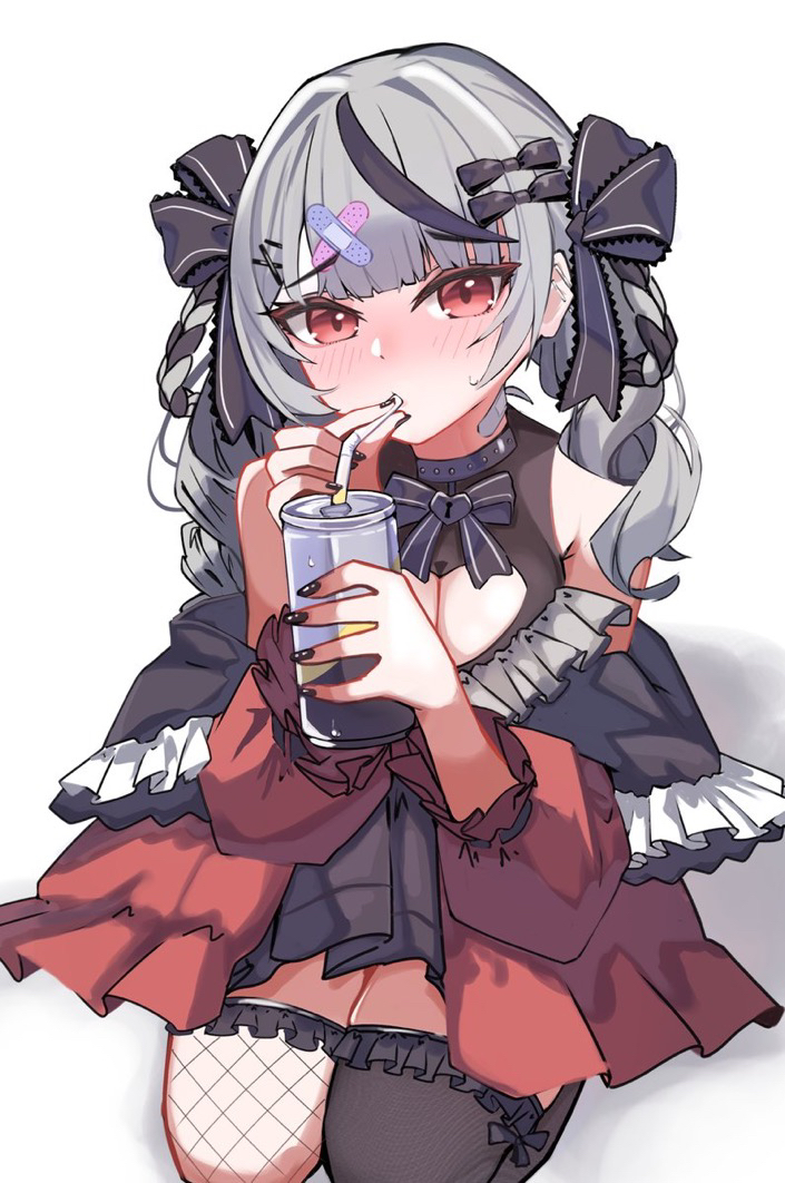 1girl, bare_shoulders, breasts, cleavage, cleavage_cutout, clothing_cutout, grey_hair, hololive