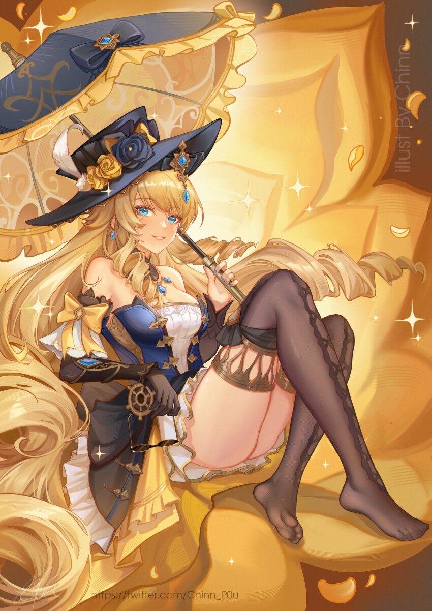 1girl, absurdres, bare_shoulders, black_flower, black_hat, black_rose, black_thighhighs, blonde_hair