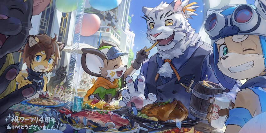 1girl, 6+boys, alcohol, animal_ears, beer, black_vest, blue_shirt, blush