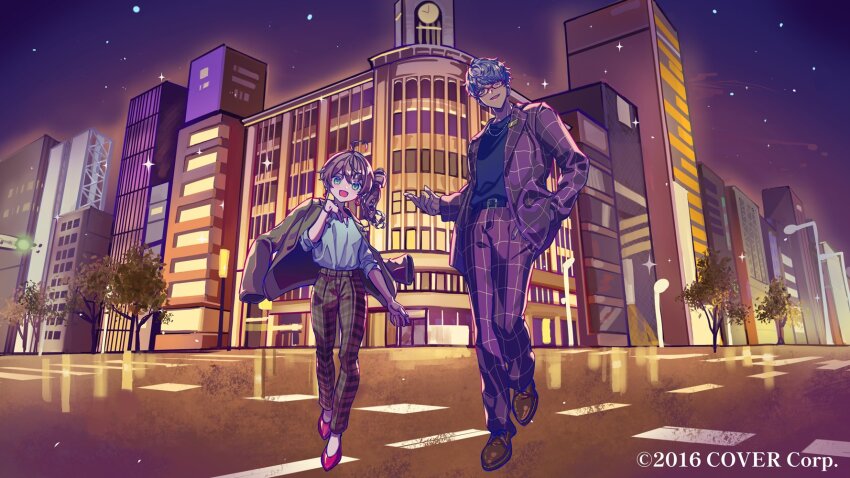 1boy, 1girl, ahoge, alternate_costume, arurandeisu, belt, black_belt, black_shirt