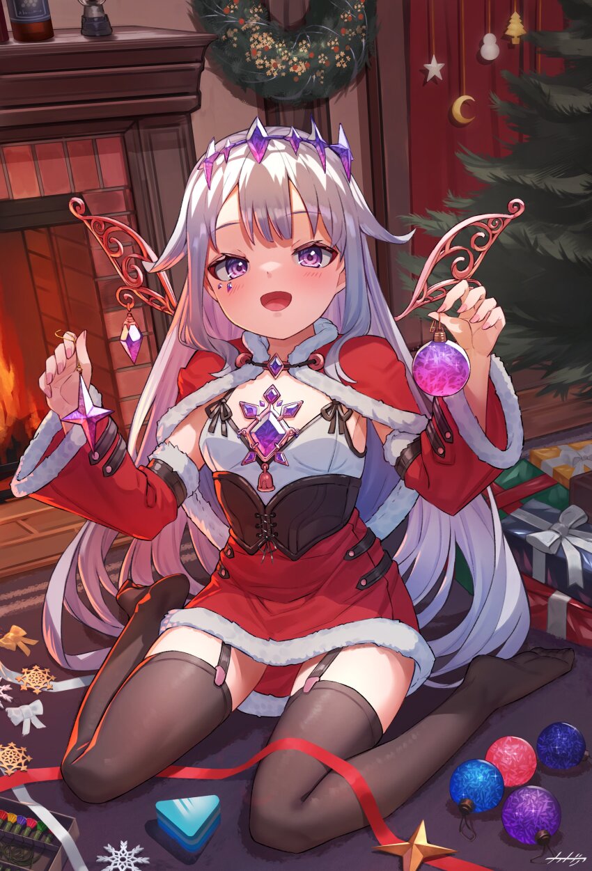 1girl, absurdres, arpeggio_kaga, black_garter_straps, black_thighhighs, blush, breasts, cape, capelet, chest_jewel, christmas_ornaments, christmas_present, christmas_tree, colored_inner_hair, commission, detached_sleeves, dress, fireplace, fur-trimmed_capelet, fur-trimmed_skirt, fur-trimmed_sleeves, fur_trim, garter_straps, gift, grey_hair, hair_flaps, highres, holding_ornament, hololive, hololive_english, jewel_under_eye, koseki_bijou, koseki_bijou_(1st_costume), loli, long_hair, looking_at_viewer, multicolored_hair, open_mouth, pink_hair, purple_eyes, red_cape, red_skirt, red_sleeves, santa_costume, santa_dress, skeb_commission, skirt, sleeveless, sleeveless_dress, small_breasts, smile, solo, thighhighs, virtual_youtuber
