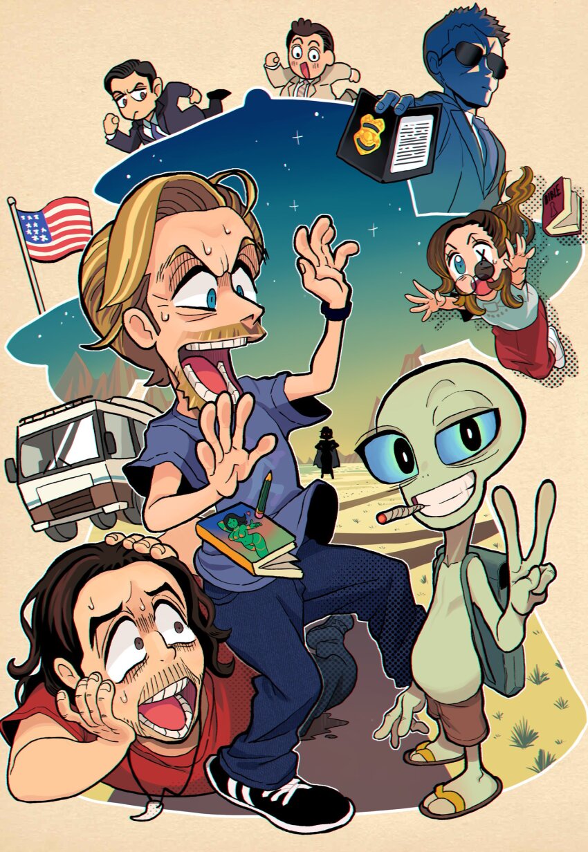 2girls, alien, american_flag, backpack, bag, beard, blonde_hair, blue_eyes, brown_hair, clive_gollings, facial_hair, gashi-gashi, graeme_willy, highres, lorenzo_zoil, multiple_boys, multiple_girls, necktie, nick_frost, open_mouth, pants, paul_(2011_movie), paul_(alien), pencil, red_pants, ruth_buggs, scared, shirt, simon_pegg, sunglasses, teeth, v, white_footwear, white_shirt